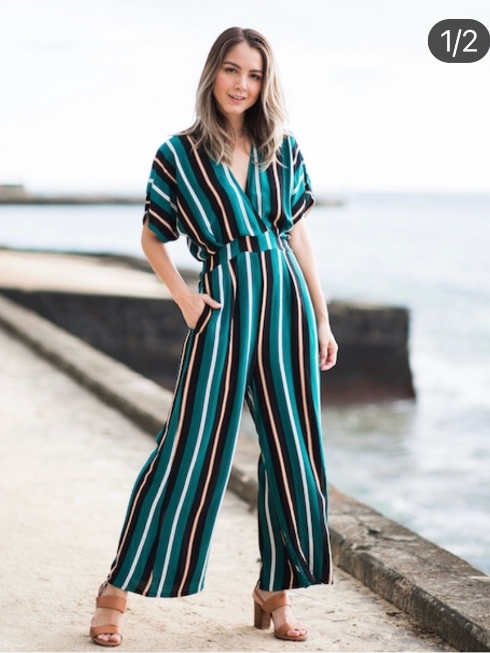 Ava Sky Cropped Wide-leg Jumper Lehua Emerald Stripe print, size S